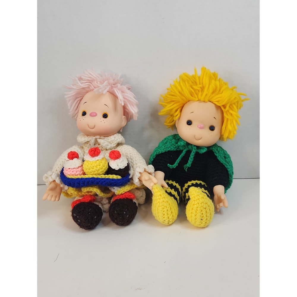 Vtg 1980s Crochet Ice Cream Kids Dolls Pair 11" Bumblebee Hero & 13" Sundae Tray